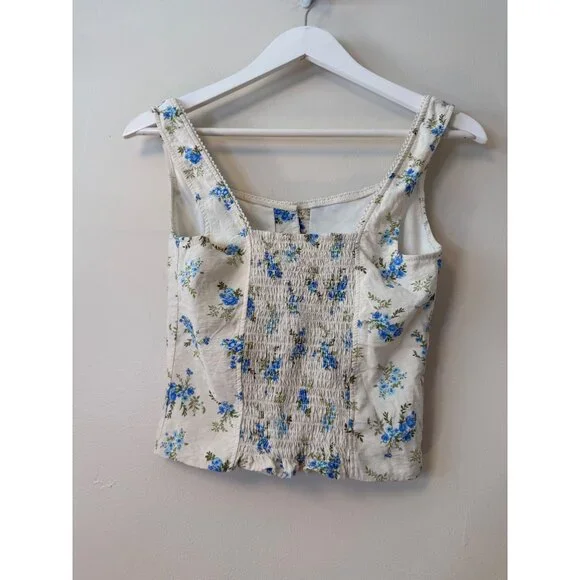 Kirious Floral Button Front Corset Tank Top Ivory Blue Green Smocked Back Size S - Picture 5 of 6